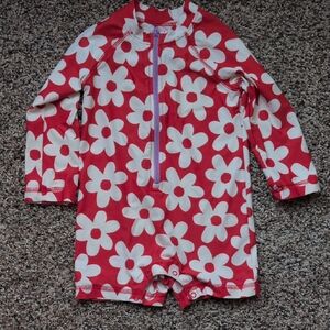 Primary Red and White Floral Long-Sleeve Rashguard Swimsuit